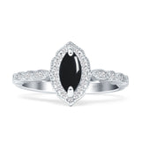 Art Deco Engagement Ring Halo Marquise Natural Black Onyx 925 Sterling Silver