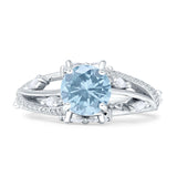 Round Engagement Ring Split Shank Natural Aquamarine 925 Sterling Silver