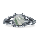 Round Engagement Ring Split Shank Natural Green Moss Agate 925 Sterling Silver