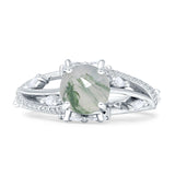 Round Engagement Ring Split Shank Natural Green Moss Agate 925 Sterling Silver