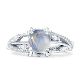 Round Engagement Ring Split Shank Natural Moonstone 925 Sterling Silver