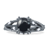 Round Engagement Ring Split Shank Natural Black Onyx 925 Sterling Silver