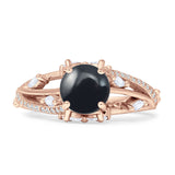 Round Engagement Ring Split Shank Natural Black Onyx 925 Sterling Silver