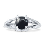 Round Engagement Ring Split Shank Natural Black Onyx 925 Sterling Silver