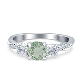 Three Stone Round NaturalGreen Amethyst Prasiolite Ring 925 Sterling Silver