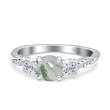 Three Stone Round Natural Green Moss Agate Ring 925 Sterling Silver