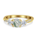 Three Stone Round Natural Green Moss Agate Ring 925 Sterling Silver