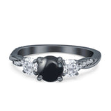 Three Stone Round Natural Black Onyx Ring 925 Sterling Silver