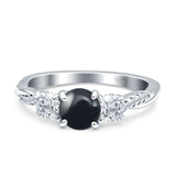 Three Stone Round Natural Black Onyx Ring 925 Sterling Silver