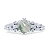Round Natural Green Moss Agate Pear Teardrop Engagement Ring 925 Sterling Silver