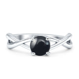 Solitaire Round Split Shank Ring Natural Black Onyx 925 Sterling Silver