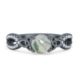 Round Cetlic Trinity Vintage Style Natural Green Moss Agate Ring 925 Sterling Silver