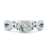 Round Cetlic Trinity Vintage Style Natural Green Moss Agate Ring 925 Sterling Silver