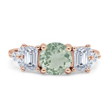 Three Stone Round Natural Green Amethyst Prasiolite Vintage Style Ring 925 Sterling Silver