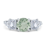 Three Stone Round Natural Green Amethyst Prasiolite Vintage Style Ring 925 Sterling Silver