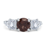 Three Stone Round Natural Chocolate Smoky Quartz Vintage Style Ring 925 Sterling Silver