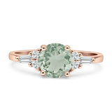 Round Natural Green Amethyst Prasiolite Vintage Style Ring Baguette 925 Sterling Silver