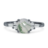 Round Natural Green Moss Agate Vintage Style Ring Baguette 925 Sterling Silver