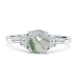 Round Natural Green Moss Agate Vintage Style Ring Baguette 925 Sterling Silver