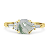 Runder natürlicher grüner Moosachat-Ring im Vintage-Stil, Baguette, 925er Sterlingsilber