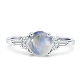 Round Natural Moonstone Vintage Style Ring Baguette 925 Sterling Silver