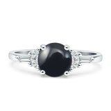 Round Natural Black Onyx Vintage Style Ring Baguette 925 Sterling Silver