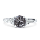 Round Natural Rutilated Quartz Vintage Style Ring Baguette 925 Sterling Silver