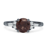 Round Natural Chocolate Smoky Quartz Vintage Style Ring Baguette 925 Sterling Silver