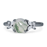 Art Deco Round Butterfly Ring Natural Green Moss Agate 925 Sterling Silver