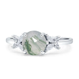 Art Deco Round Butterfly Ring Natural Green Moss Agate 925 Sterling Silver