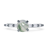 Solitaire Baguette Round Natural Green Moss Agate Engagement Ring 925 Sterling Silver