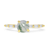 Solitaire Baguette Round Natural Green Moss Agate Engagement Ring 925 Sterling Silver