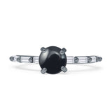 Solitaire Baguette Round Natural Black Onyx Engagement Ring 925 Sterling Silver