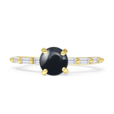 Solitaire Baguette Round Natural Black Onyx Engagement Ring 925 Sterling Silver