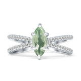 Marquise Natural Green Amethyst Prasiolite Split Shank X Ring 925 Sterling Silver