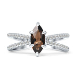 Marquise Natural Chocolate Smoky Quartz Split Shank X Ring 925 Sterling Silver