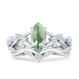 Marquise natürlicher grüner Amethyst-Prasiolit-Ring mit geteiltem Schaft, Vintage-Stil, Blatt-Blumenring aus 925er Sterlingsilber