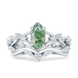 Marquise natürlicher grüner Moosachat-Ring mit geteiltem Schaft, Vintage-Stil, Blatt-Blumenmuster, 925er-Sterlingsilber