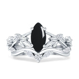 Marquise Natural Black Onyx Split Shank Vintage Style Leaf Floral Ring 925 Sterling Silver