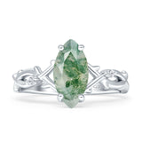 Marquise natürlicher grüner Moosachat-Ring mit geteiltem Schaft und Unendlichkeitsdrehung aus 925er-Sterlingsilber