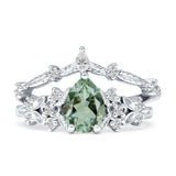 Two Piece Pear Teardrop Natural Green Amethyst Prasiolite Bridal Ring 925 Sterling Silver