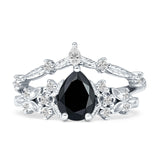 Two Piece Pear Teardrop Natural Black Onyx Bridal Ring 925 Sterling Silver