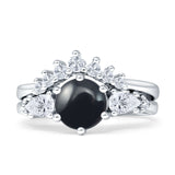 Two Piece Round Natural Black Onyx Vintage Style Bridal Engagement Ring 925 Sterling Silver