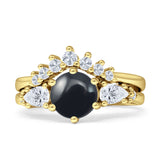 Two Piece Round Natural Black Onyx Vintage Style Bridal Engagement Ring 925 Sterling Silver