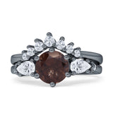 Two Piece Round Natural Chocolate Smoky Quartz Vintage Style Bridal Engagement Ring 925 Sterling Silver