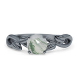 Budding Willow Solitaire Ring Round Natural Green Moss Agate 925 Sterling Silver