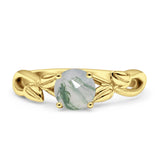 Budding Willow Solitaire Ring Round Natural Green Moss Agate 925 Sterling Silver