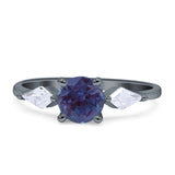 Three Stone Round Lab Alexandrite Two Kite CZ Trio Ring 925 Sterling Silver