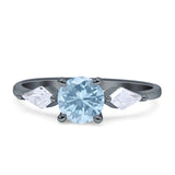 Three Stone Round Natural Aquamarine Two Kite CZ Trio Ring 925 Sterling Silver