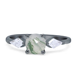 Three Stone Round Natural Green Moss Agate Two Kite CZ Trio Ring 925 Sterling Silver